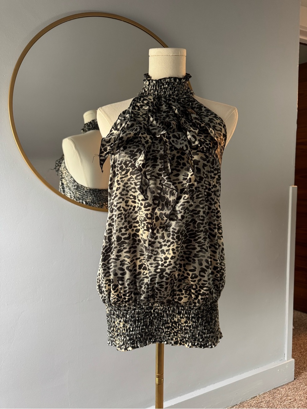 Mandee Y2K Leopard Smocked Halter Camisole - Black & Cream